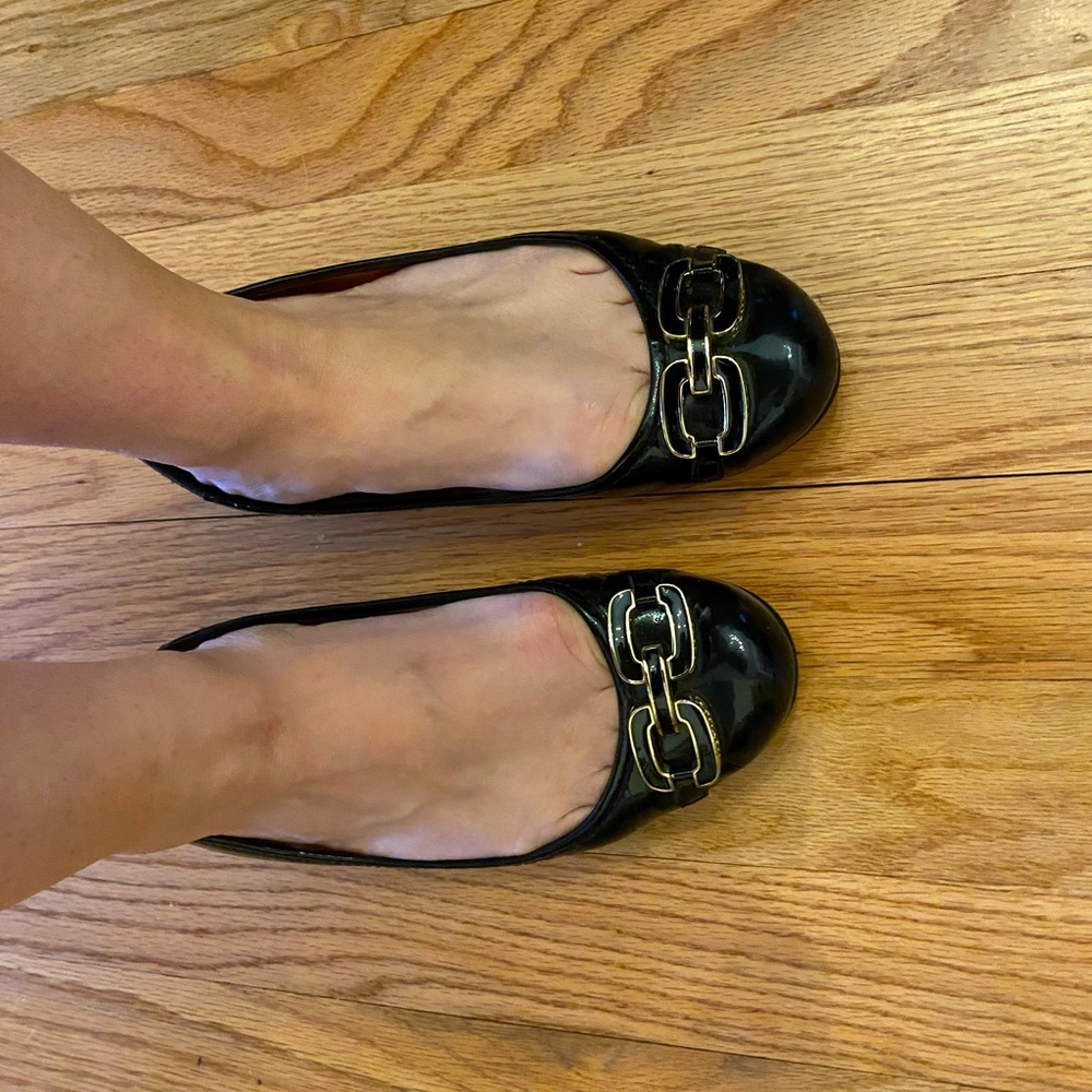 Coach patent leather black ballet flats with gold/black hardware